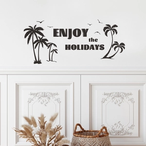 Détails des stickers muraux cocotiers tropicaux noirs avec slogan Enjoy the Holidays