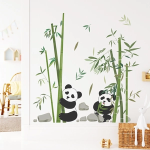 Adesivi murali panda cartone animato con foresta di bambù per decorare camerette