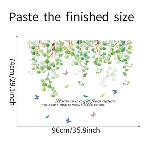 Detailed size guide for green leaf and butterfly wall stickers showing finished dimensions
