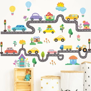 Cartoon road and colorful vehicles wall stickers set for children room decoration