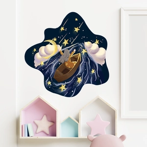 Detail of cartoon girl in boat on moon wall stickers for a dreamy girl's bedroom decoration