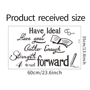 Detailed sizing chart for motivational book-themed wall decal measuring 60x35cm