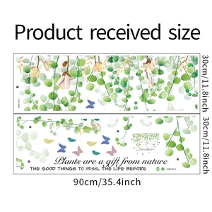 Macro layout of green leaf wall stickers with butterfly patterns and size dimensions
