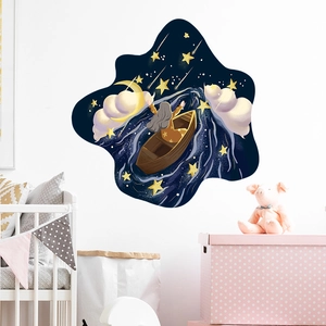 Cartoon starry sky wall stickers for kids room featuring girl on a wooden boat with stars