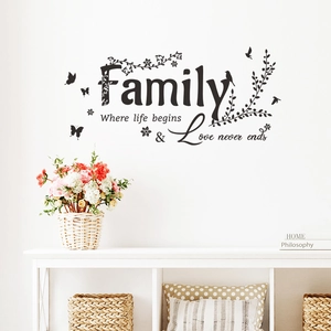 Close-up of Family wall decal with butterflies and vines in a modern living room
