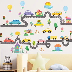 Detailed wall sticker layout featuring cartoon cars, road, and houses for kids room