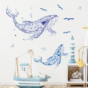 Sticker Mural Baleine Géométrique Bleu Violet Low Poly Dauphin Décalcomanie pour Chambre d'Enfant Salon PVC Décoration Maison