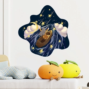 Dreamy starry sky wall decal with moon and clouds for a cozy bedroom decor