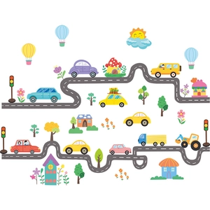 Cartoon road and vehicle wall stickers with cars and hot air balloons for kids room