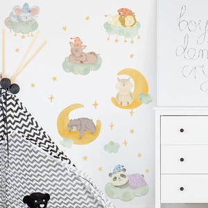 Detail of cartoon animals sleeping on moon wall stickers for cozy kids room decor