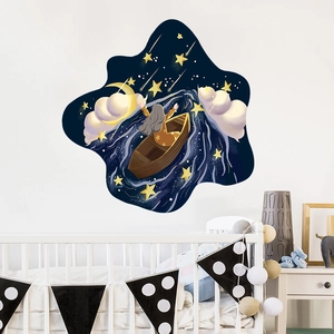 Cartoon girl on boat wall sticker with moon and stars for dreamy bedroom decor