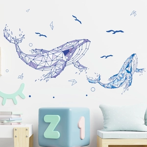 Stickers muraux baleine bleue géométriques minimalistes pour chambre d'enfant