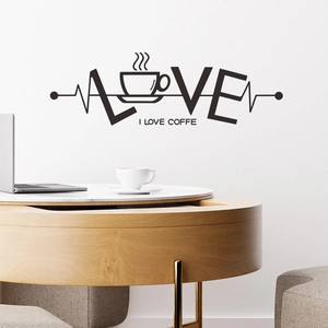 Detail von schwarzem I LOVE COFFEE Wandtattoo mit Herzschlaglinie und Kaffeetassen-Design