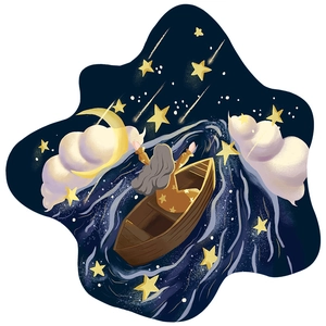 Dreamy wall sticker of a girl on a moon boat with stars and clouds for bedroom decor