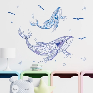 Stickers muraux dauphins géométriques bleus et oiseaux pour chambre d'enfant