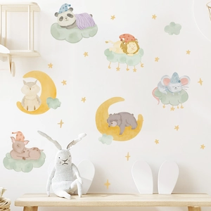 Watercolor animal wall decals with moon and stars for nursery and kids' room decoration