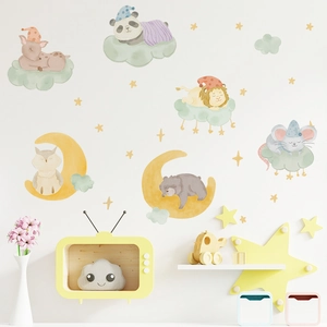 Cartoon animals sleeping on clouds and moon wall stickers for nursery wall decor