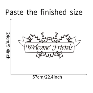 Detailed size chart showing Welcome Friends wall decal measuring 57cm wide by 24cm high