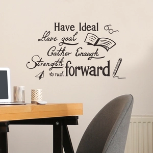 Detail view of motivational quote wall decal with book icons on home office wall