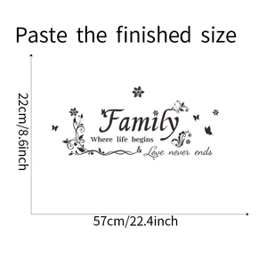 Detailed dimensions of Family wall decal with inspirational quote and floral motifs