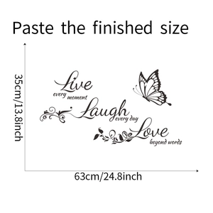 Detail of DIY motivational wall sticker with Live Laugh Love text and butterfly design