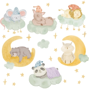 Cartoon sleeping animals wall stickers with moon and stars for kids nursery decoration