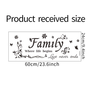 Detail of Family wall decal layout with floral accents and 60x24cm size markings