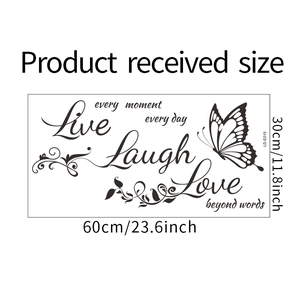 Detail showing self-adhesive wall sticker dimensions with butterflies and inspirational text