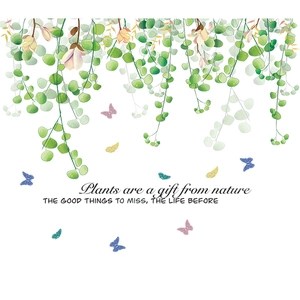 Fresh green hanging plant wall decals with colorful butterflies and nature quote stickers