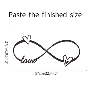 Detail showing dimensions of infinity heart love wall sticker measuring 57cm by 27cm