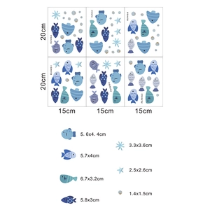 Detailed sheet dimensions of blue cartoon fish and starfish wall stickers for kids rooms