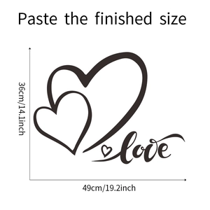 Detail of DIY romantic heart and love wall decal showing dimensions for home decoration