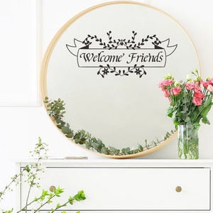 Welcome Friends wall sticker with black vinyl floral patterns for home decor