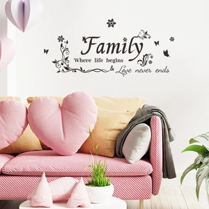 Family wall decal with butterfly and floral vine accents for home living room decor