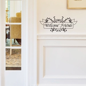 Elegant Welcome Friends wall decal with vine patterns on a white panel wall decor