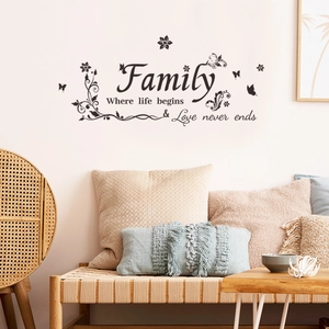 Detail of Family wall decal with butterflies and vines on a cozy living room background