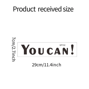 Detail of 'YOU CAN!' inspirational slogan wall sticker with size measurements in cm
