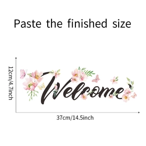 Vue détaillée du sticker Welcome avec dimensions 37cm x 12cm et fleurs décoratives
