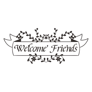 Black Welcome Friends wall decal with elegant floral vine design for home decor