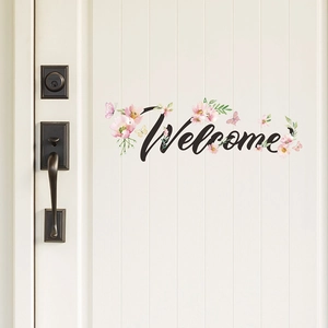 Sticker Mural Slogan Anglais Welcome Avec Motif de Fleur Rose et Papillon Autocollant de Porte en PVC pour Décoration Maison