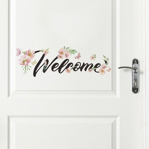 Sticker mural Welcome avec fleurs roses et papillons pour décoration de porte