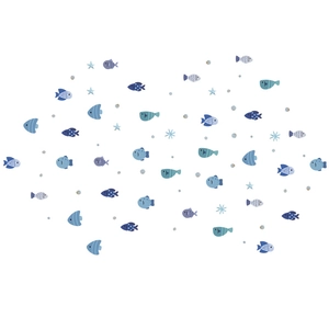 Cartoon ocean fish and starfish wall stickers for children's room decoration in blue tones