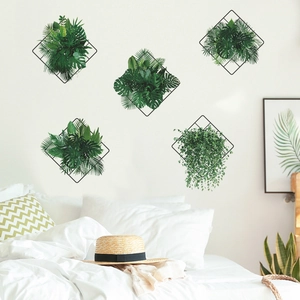 5-piece iron grid wall decor set with artificial tropical greenery for home living room