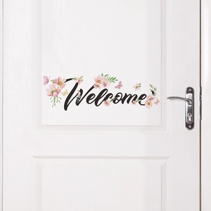 Sticker mural Welcome avec fleurs de cerisier et papillons pour décoration de porte maison