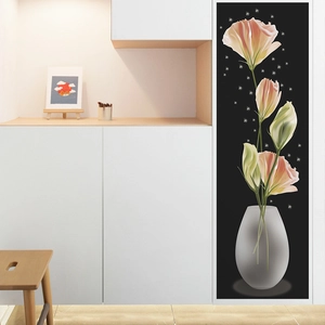 Modern Floral Vase Wall Sticker Pink Tulip Flower Black Background Removable Self Adhesive PVC Decal Home Room Wall Decor Aesthetic Mural