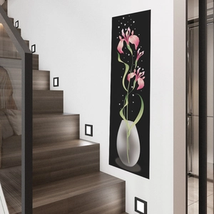 Detail of elegant pink flower in a grey vase wall sticker for home staircase decoration