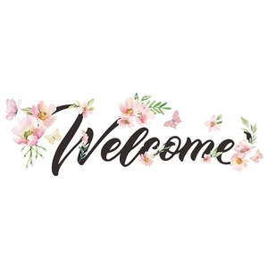 Sticker mural Welcome autocollant avec fleurs roses à l'aquarelle et décor papillons