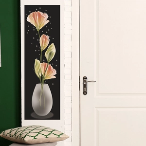 Floral wall sticker with pink flowers in vase on white wall next to a bedroom door