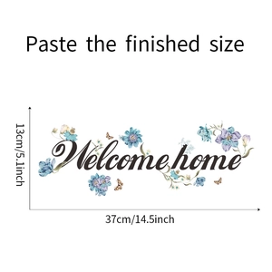 Dimensioni dettagliate dell'adesivo murale Welcome Home con fiori e farfalle viola