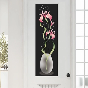 Vertical floral door sticker with pink iris flowers and vase for home wall decoration